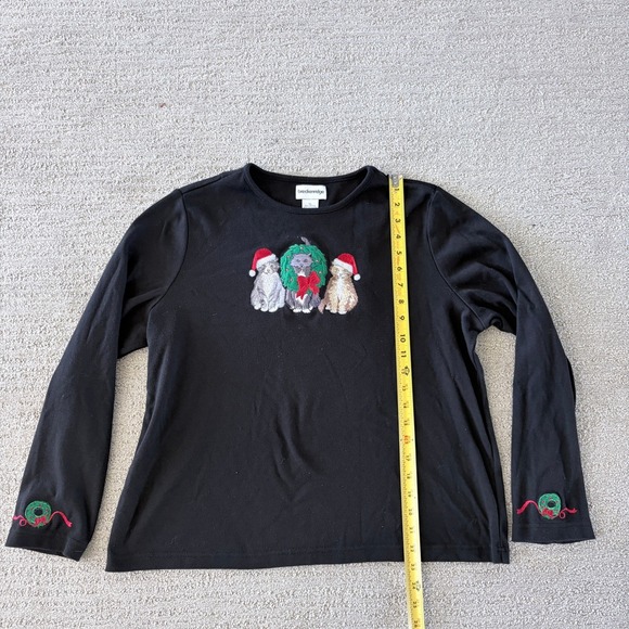 Vintage Christmas Holiday Shirt Long Sleeve Women XL Tee Embroidered Cats Wreath - Picture 4 of 7